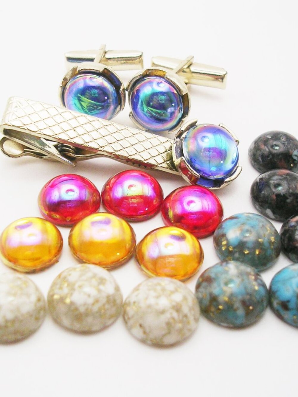 Vintage Cuff Links Tie Clip Set interchangeable magnetic Glass Cabochons